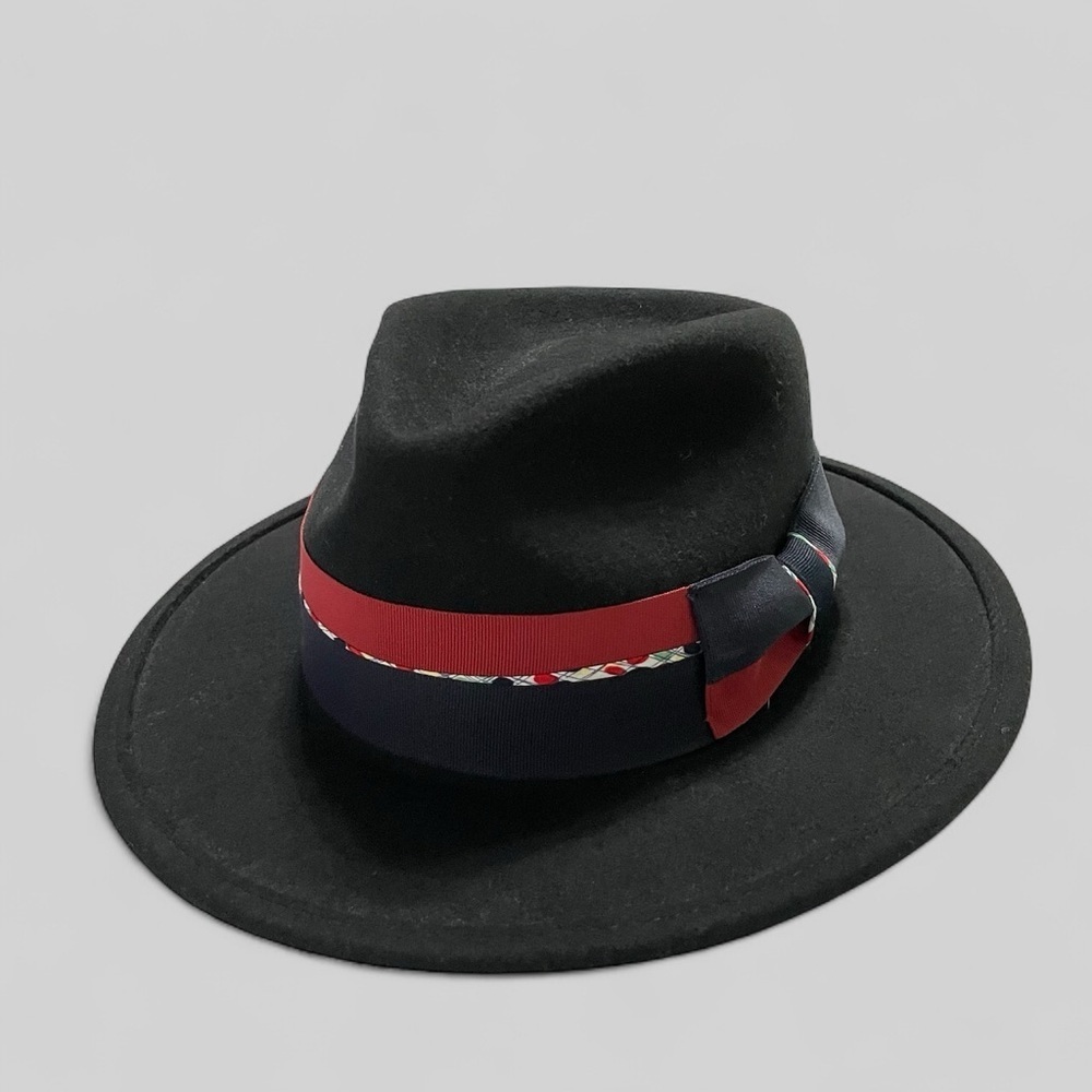 Adora Black Wool Fedora Hat with Red & Navy Ribbon Band